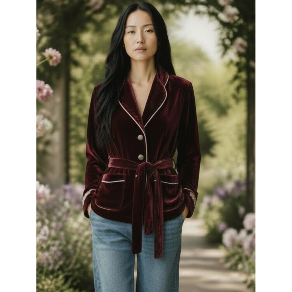 Aratta Silent Journey Velvet Jacket Top Belted Pockets Boho Cottagecore Sz S